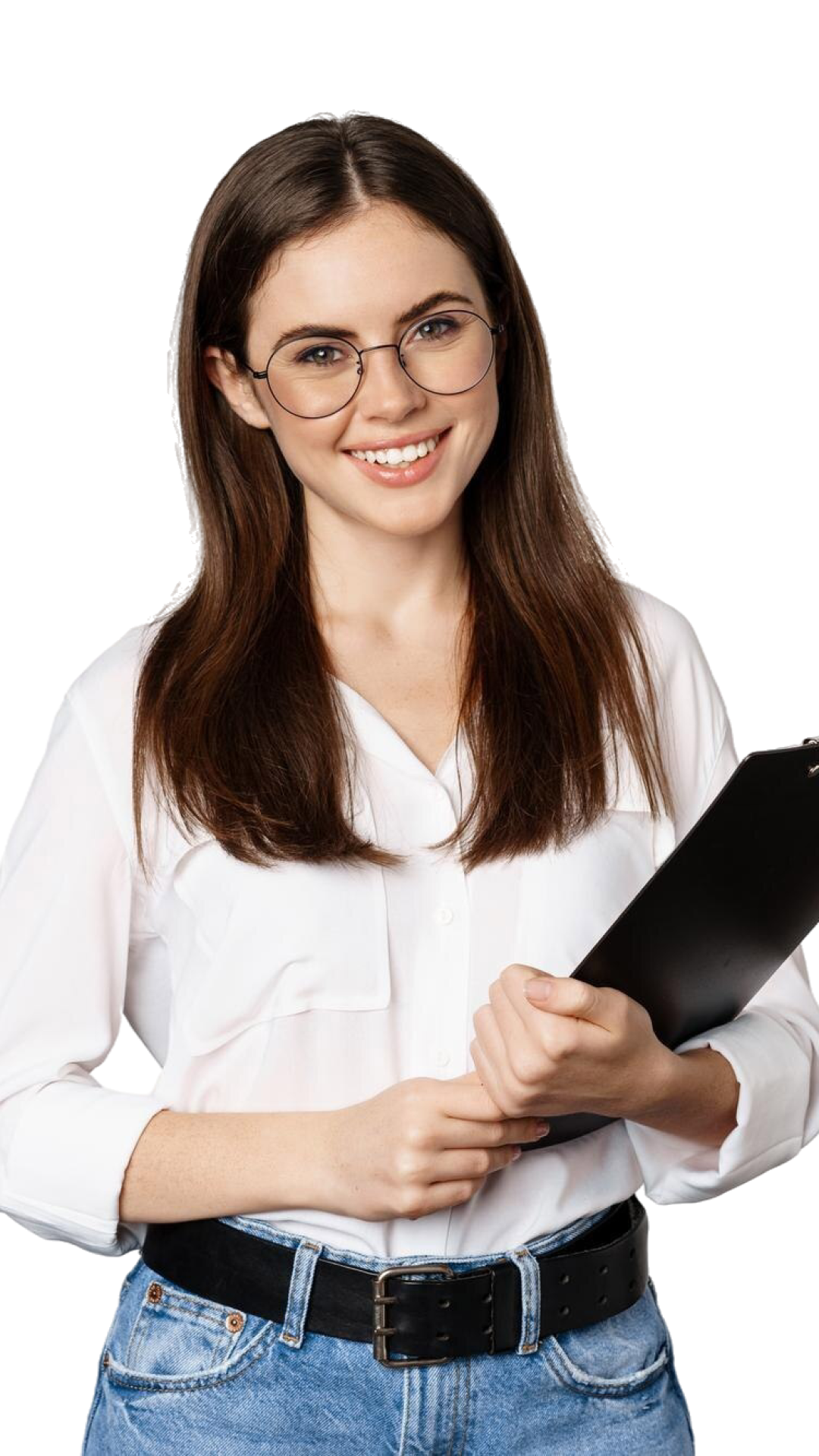 portrait-corporate-woman-holding-clipboard-work-standing-formal-outfit-white-background